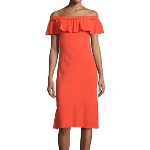 Veronica Beard Orange Oleta Ruffle Off Shoulder Midi Dress Size 4 - Picture 1 of 8